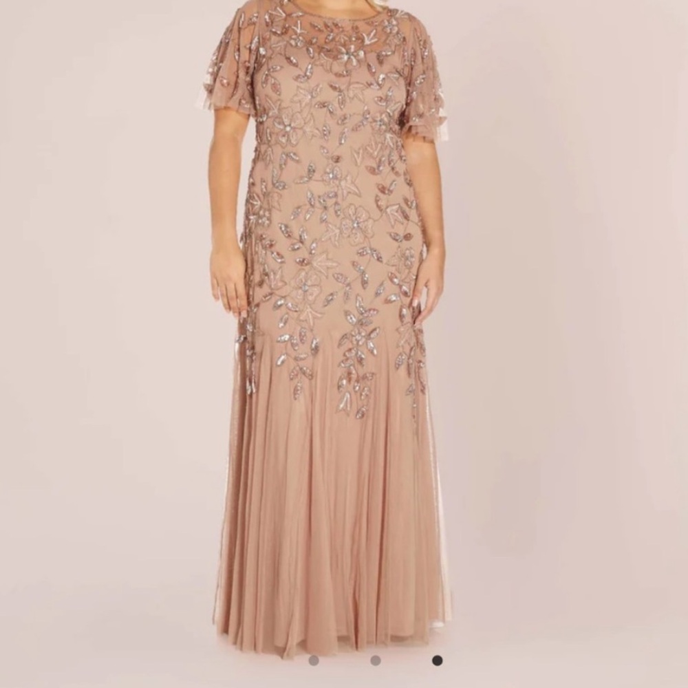 Adrianna Papell HAND BEADED SHORT SLEEVE FLORAL GODET GOWN IN BLUSH Size 18W